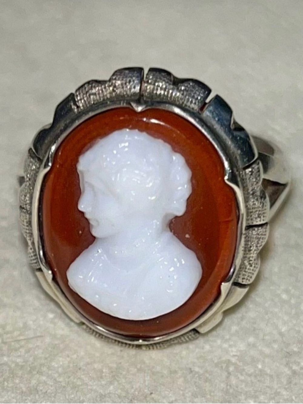 Vintage White Shell & Red Carnelion Sterling Silver Cameo Ring, size 6.75